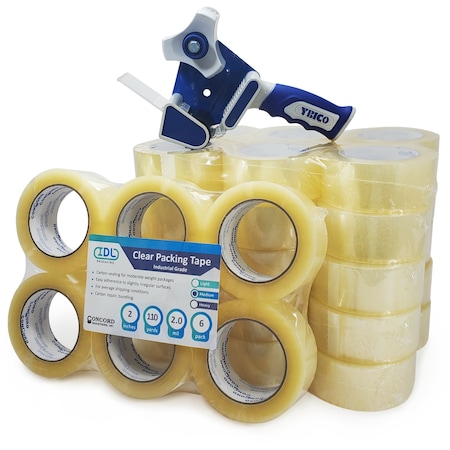 Idl Packaging 2in x 110 yd 2.0 mil Clear Sealing Packing Tape, and HD Tape Dispenser with Comfy Handle, 36PK C-1220-110 + T291